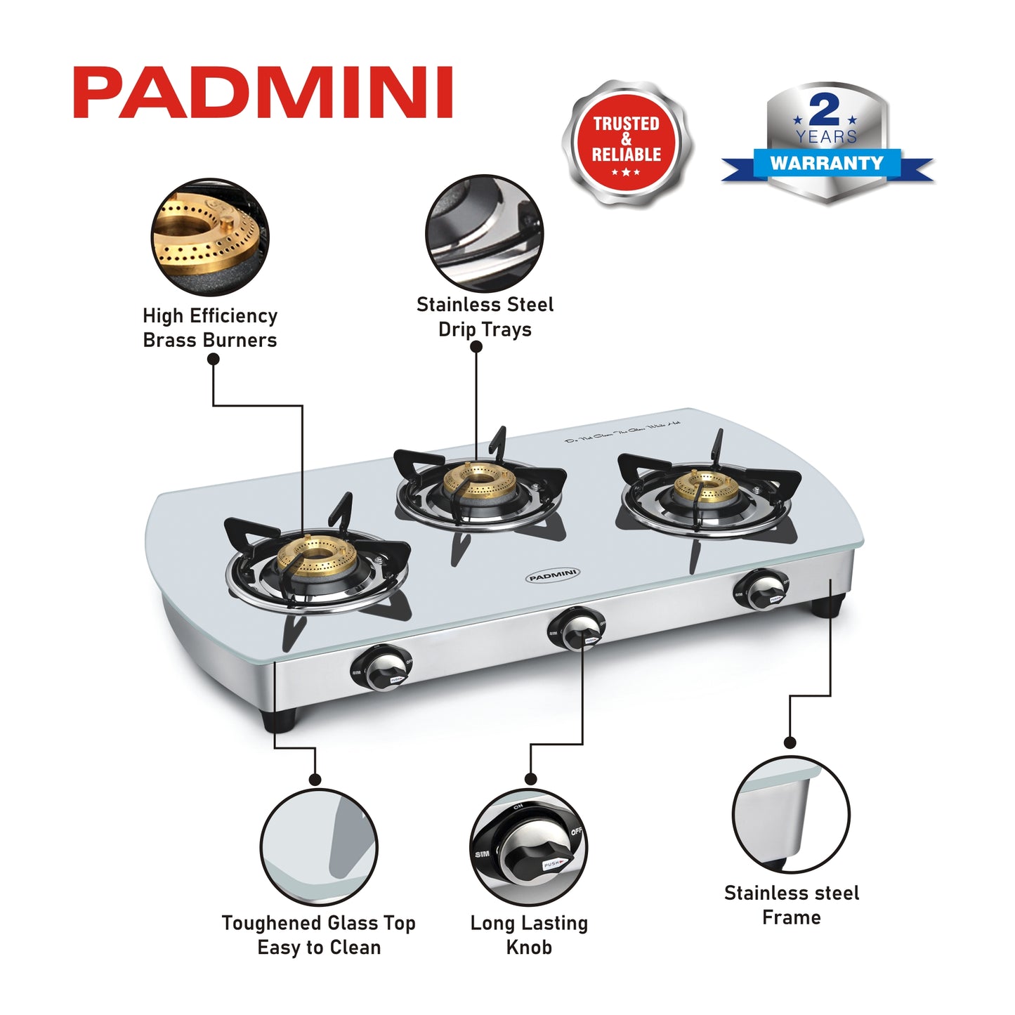 PADMINI 3 Burner 3GT White Curve - PADMINI APPLIANCES