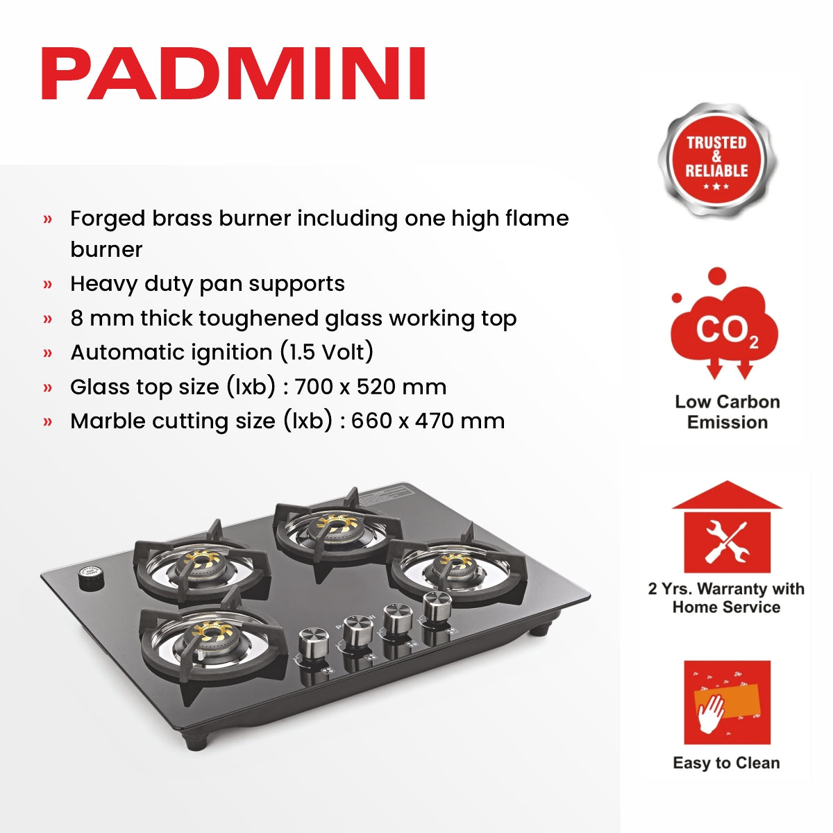 PADMINI Gas Hob 408 GL IB HF (High Flame)