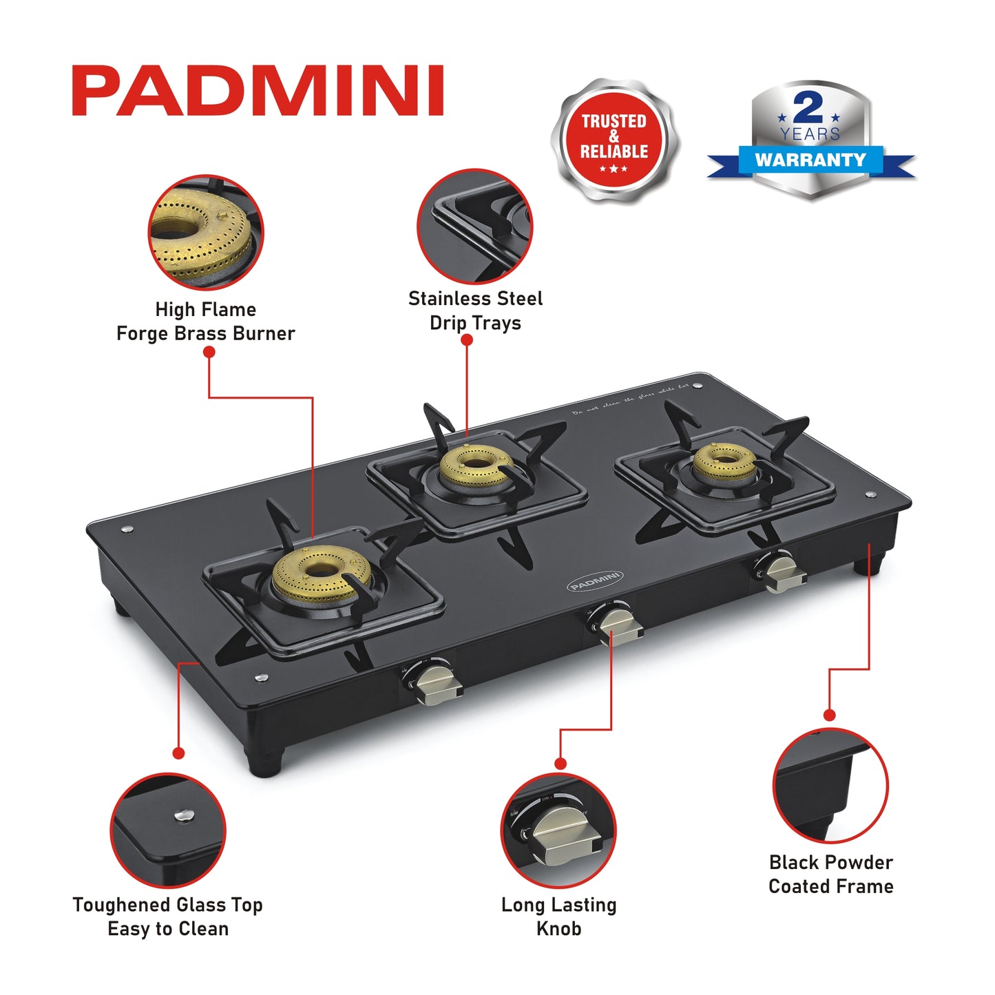 PADMINI 3 Burner Cooktop 3GT Elite - PADMINI APPLIANCES