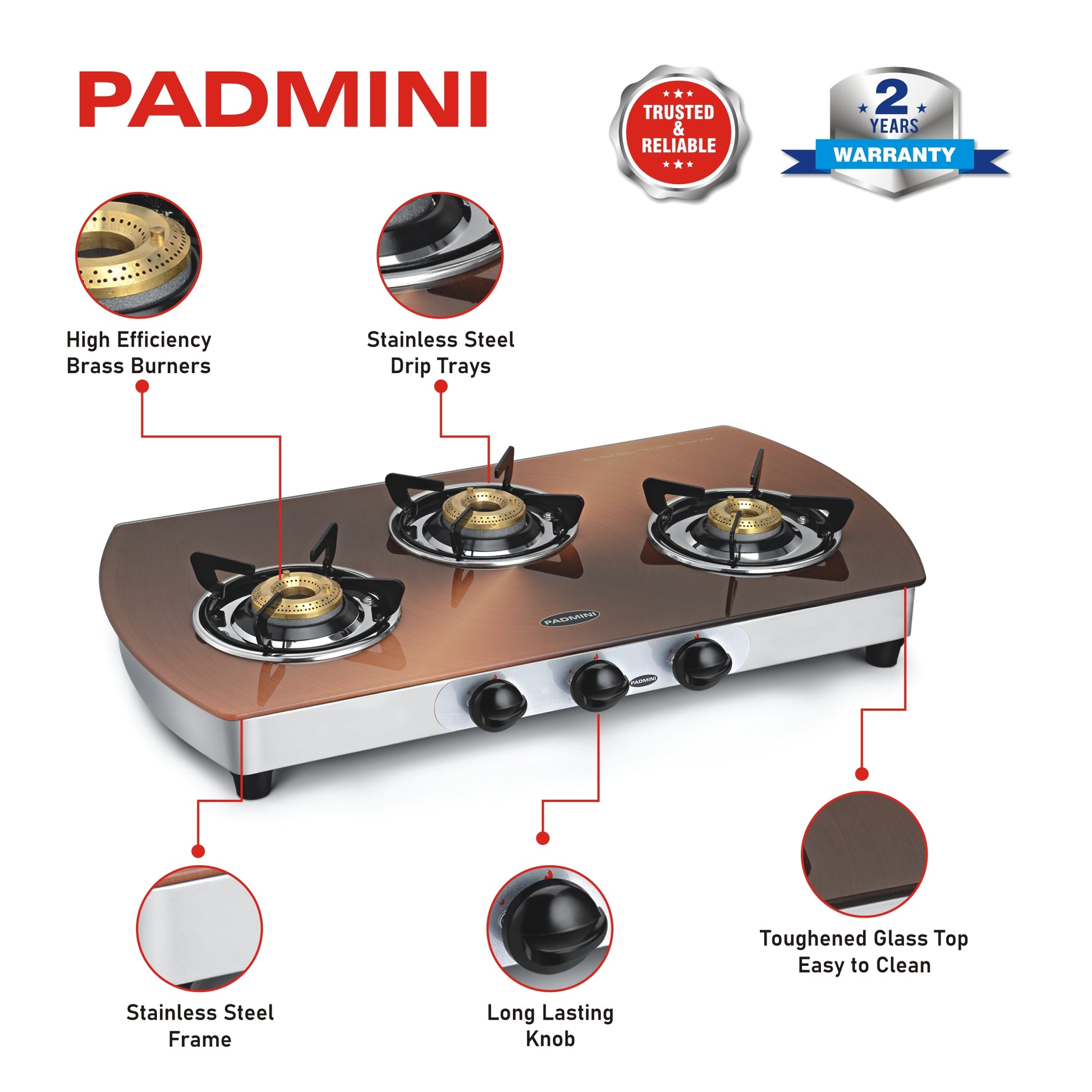 PADMINI 3 Burner 3GT Kopper - PADMINI APPLIANCES