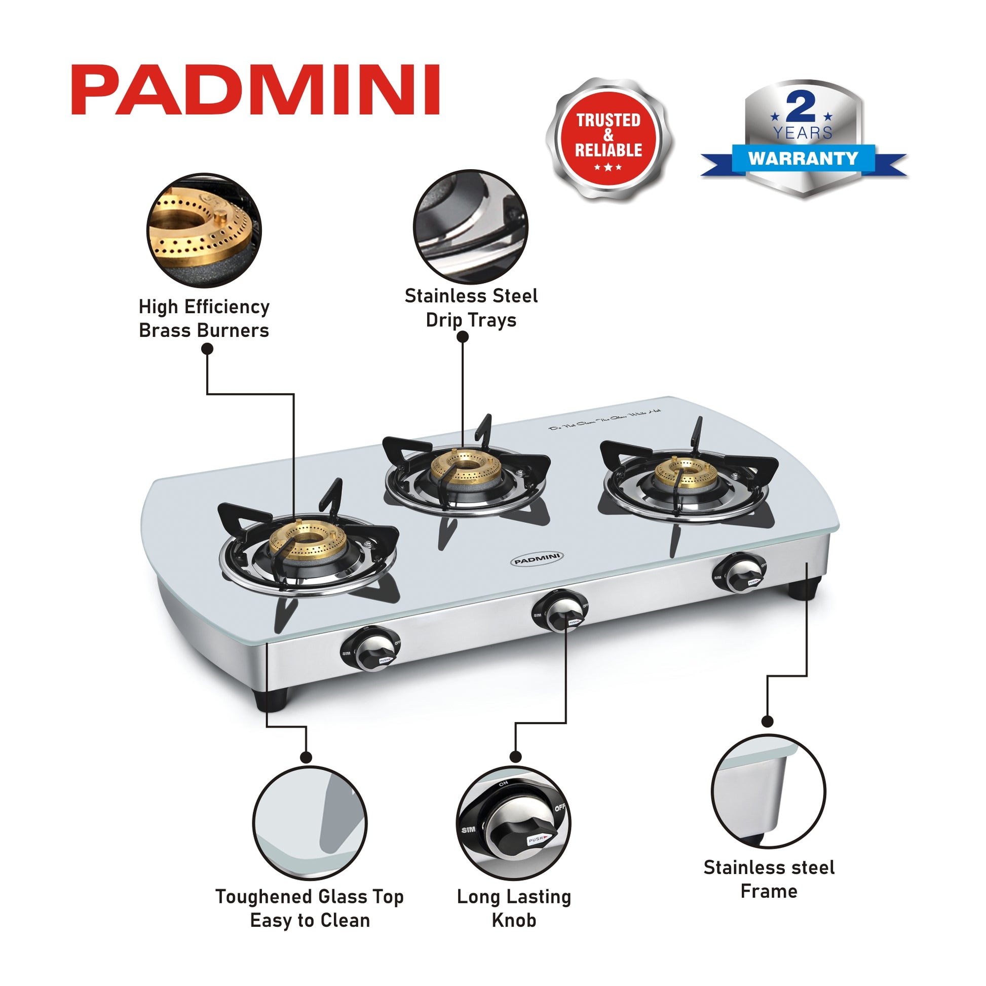 PADMINI 3 Burner 3GT White Curve - PADMINI APPLIANCES