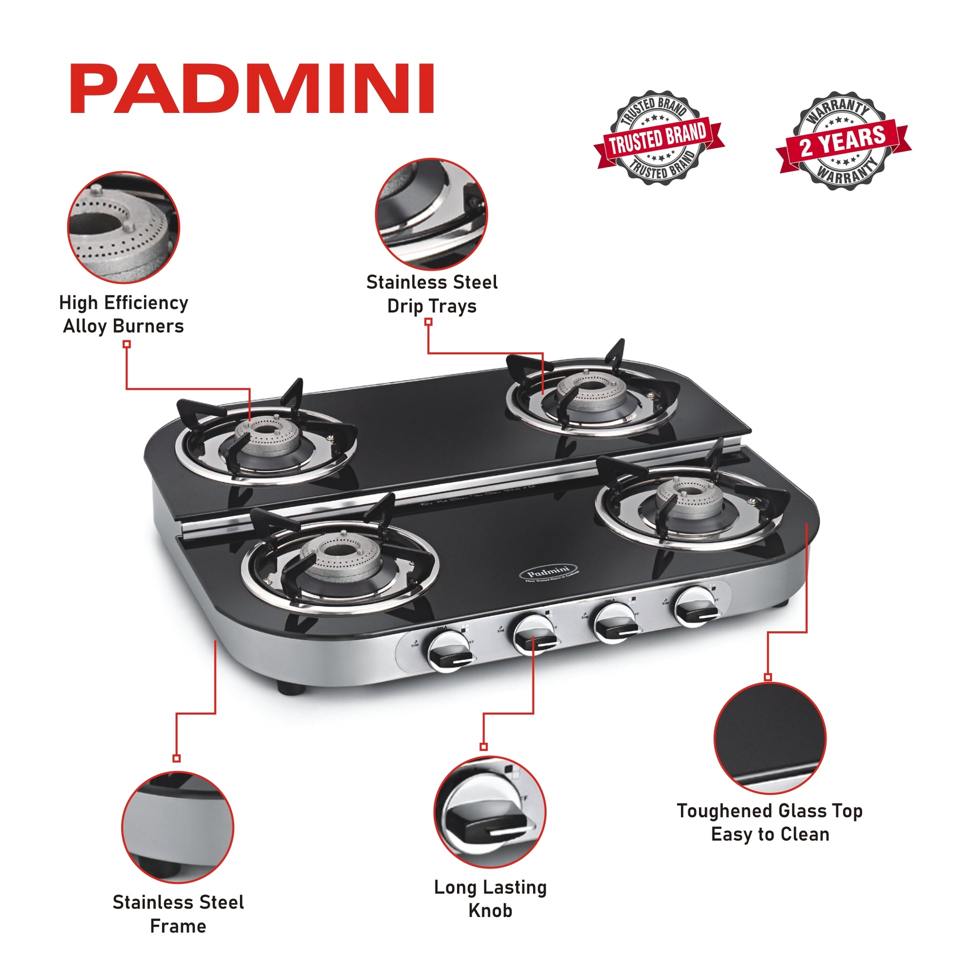 PADMINI 4 Burner Cooktop 4GT RU ST - PADMINI APPLIANCES