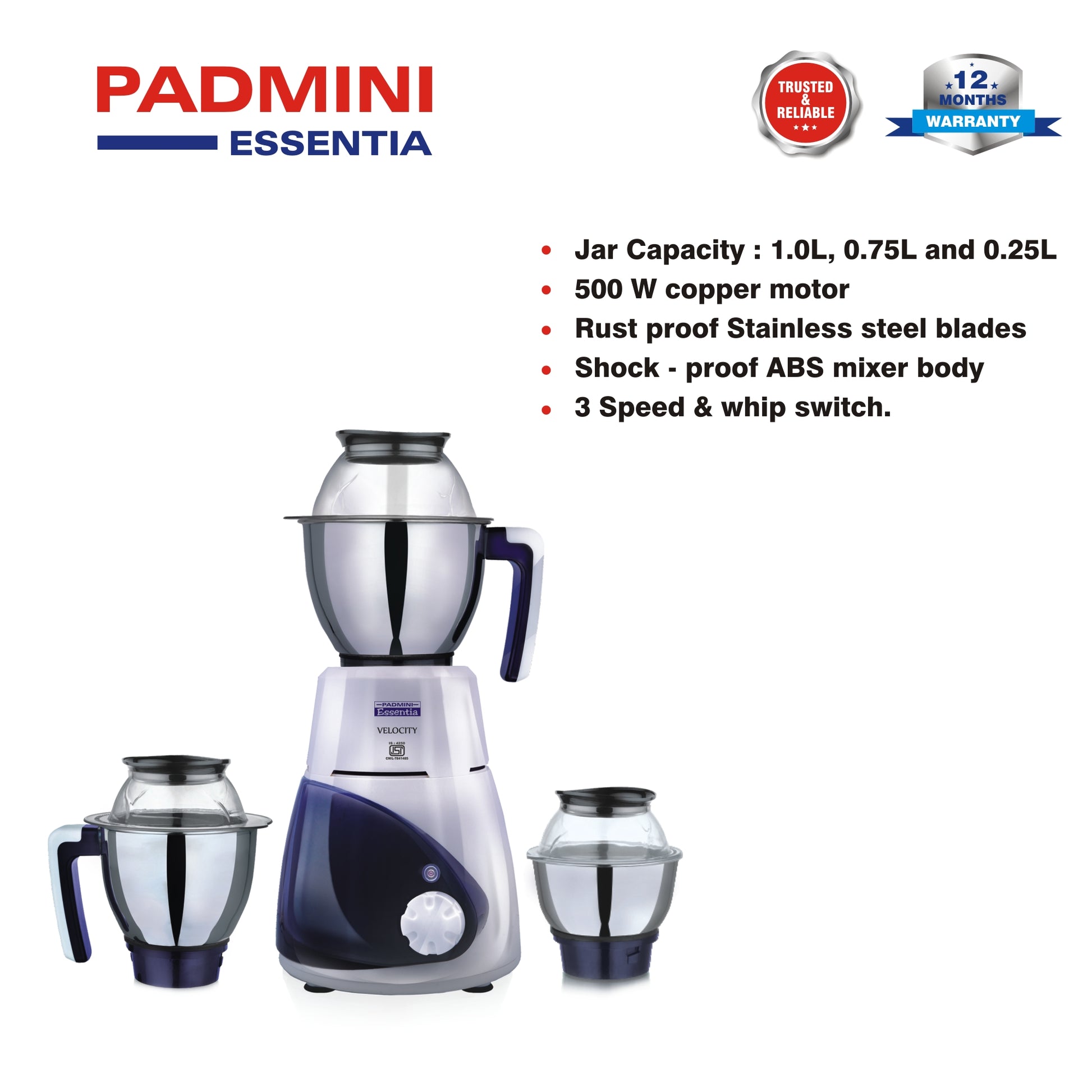 PADMINI Mixer Grinder Velocity 500 - PADMINI APPLIANCES